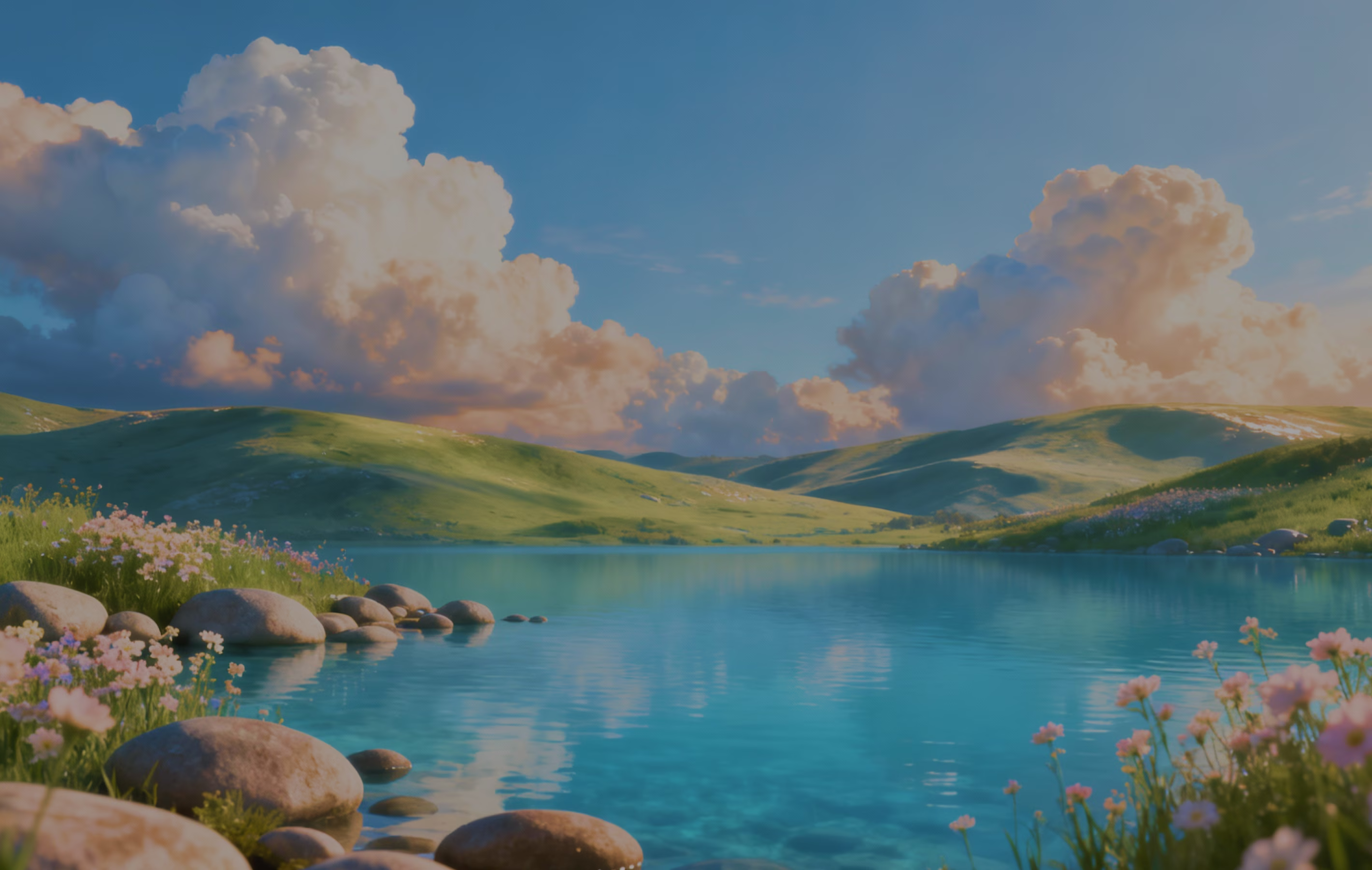 Clear blue lake surrounded by green hills, stones, and pink wildflowers under a sky with large fluffy clouds.